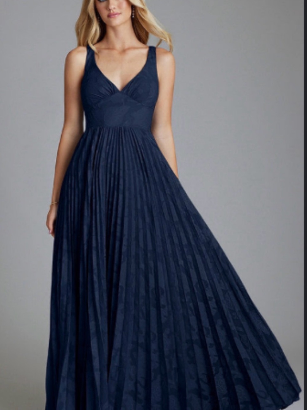 Dark Navy A-Line Pleated Floral Burnout Dress (Azazie Mirella) - Picture 4 of 5